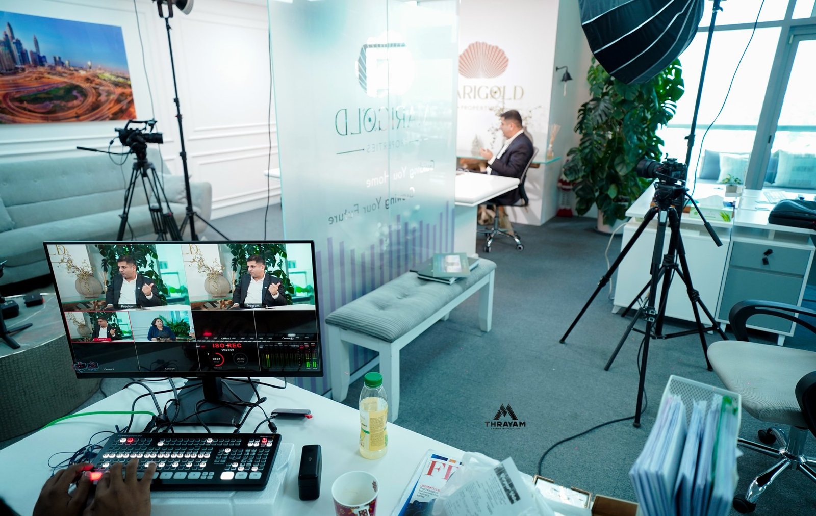 Thrayam cameras and production desk during an on-location podcast recording